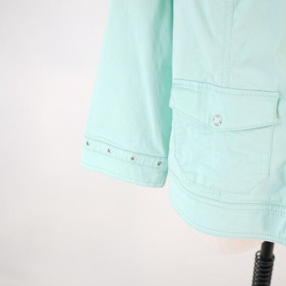 Chico's Size 1 Seafoam Green Full Zip Collared Jacket Waist Fitted Cotton Pocket - Picture 2 of 10